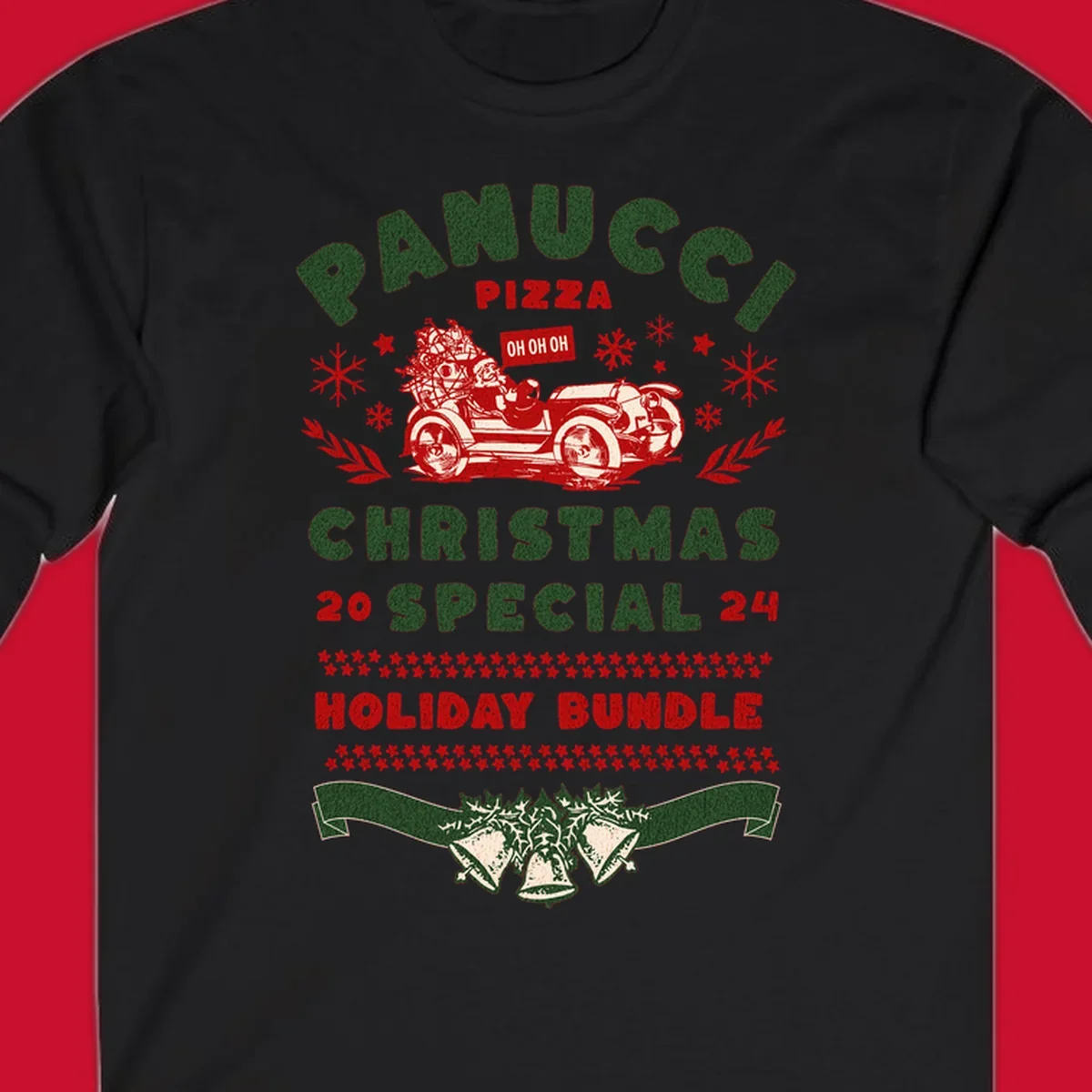 Panucci Pizza Christmas Special Holiday Bundle with Santa driving a car and festive elements.