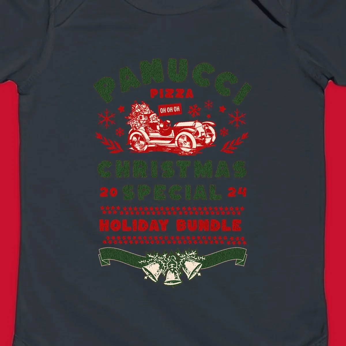Panucci Pizza Christmas Special Holiday Bundle with Santa driving a car and festive elements.