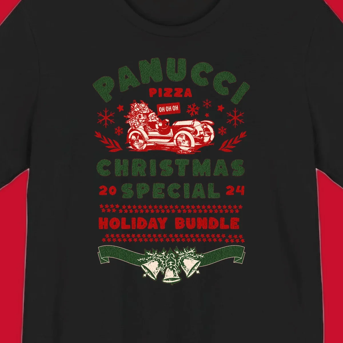 Panucci Pizza Christmas Special Holiday Bundle with Santa driving a car and festive elements.