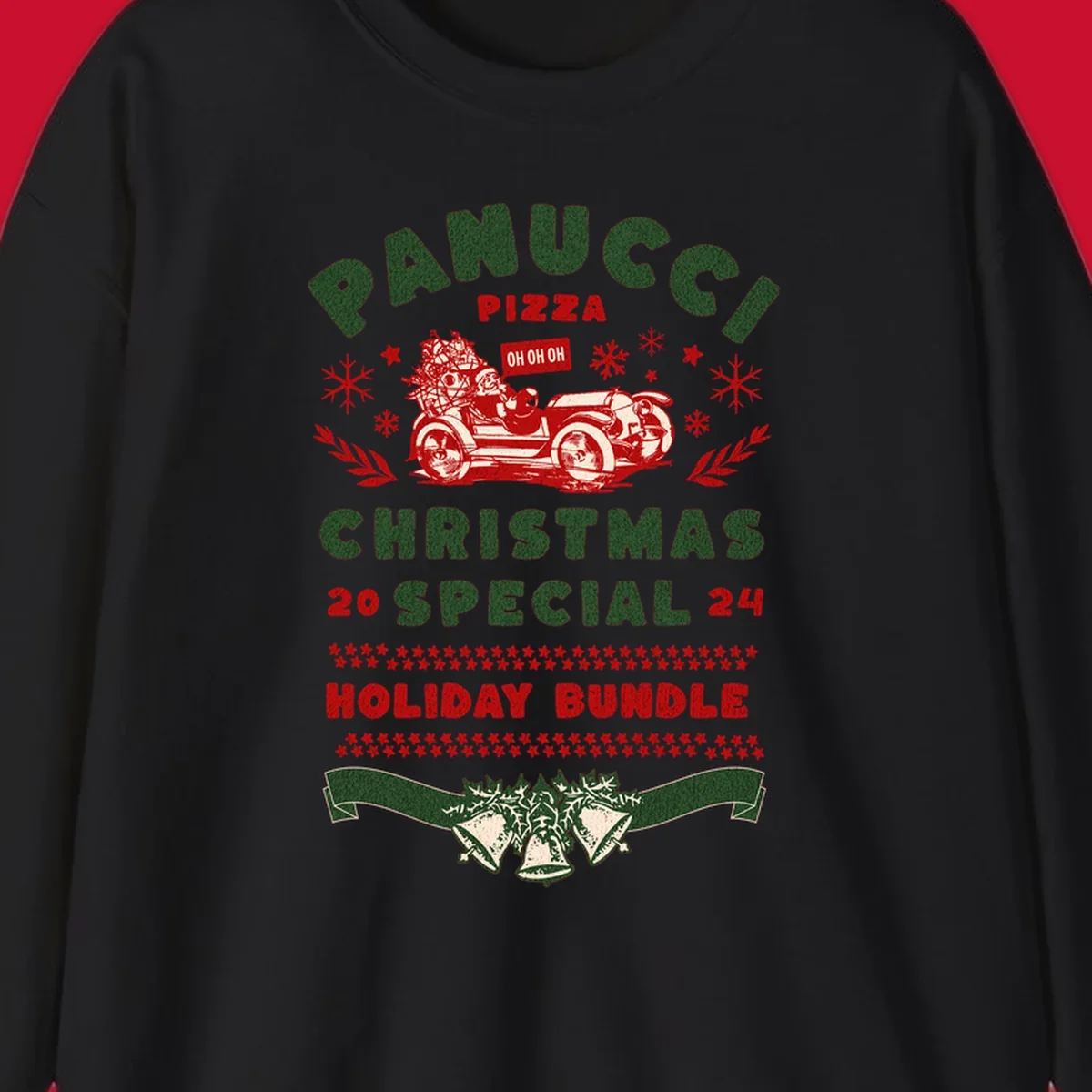Panucci Pizza Christmas Special Holiday Bundle with Santa driving a car and festive elements.