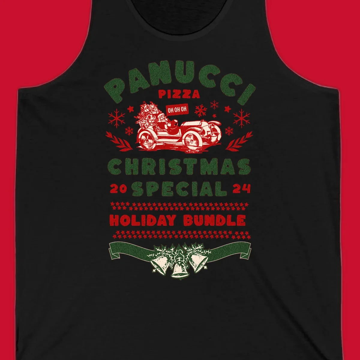 Panucci Pizza Christmas Special Holiday Bundle with Santa driving a car and festive elements.