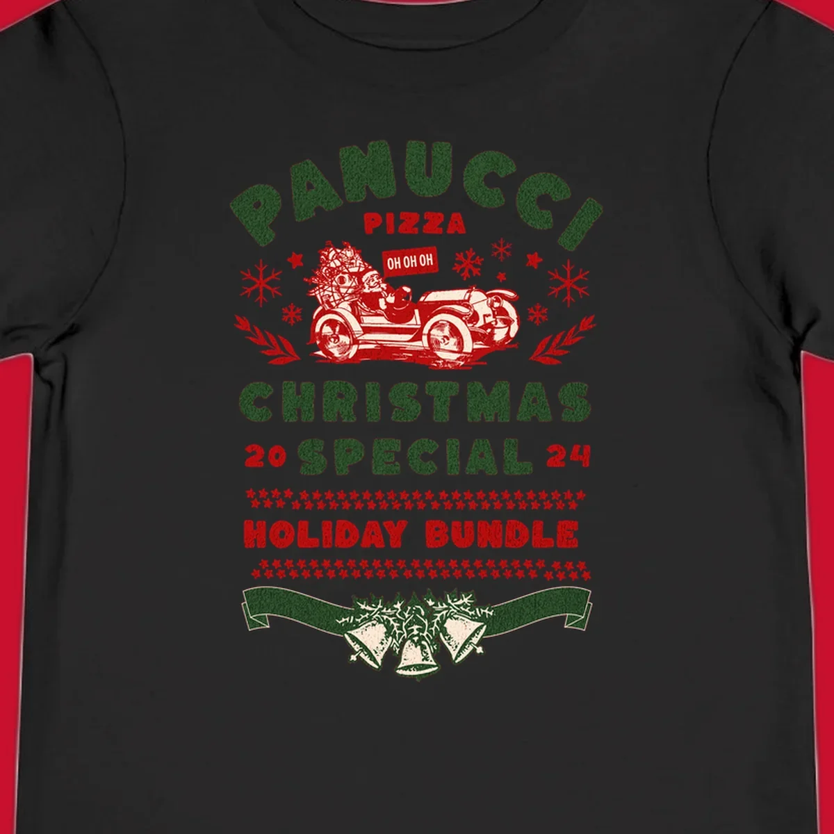 Panucci Pizza Christmas Special Holiday Bundle with Santa driving a car and festive elements.