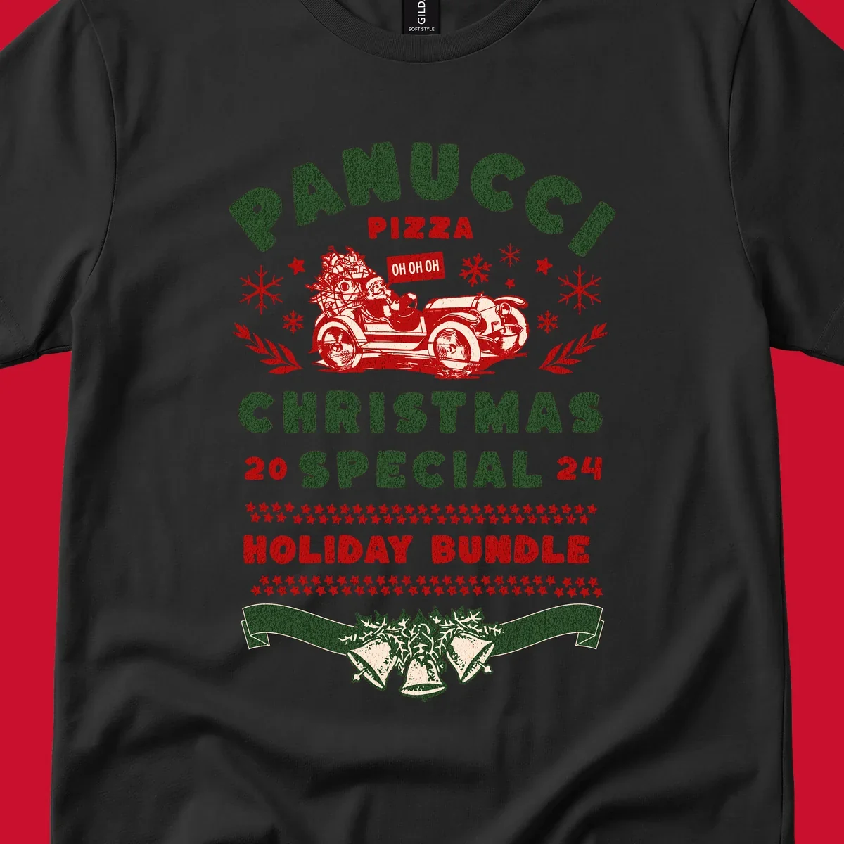 Panucci Pizza Christmas Special Holiday Bundle with Santa driving a car and festive elements.