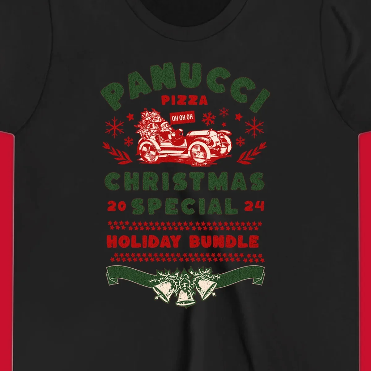 Panucci Pizza Christmas Special Holiday Bundle with Santa driving a car and festive elements.