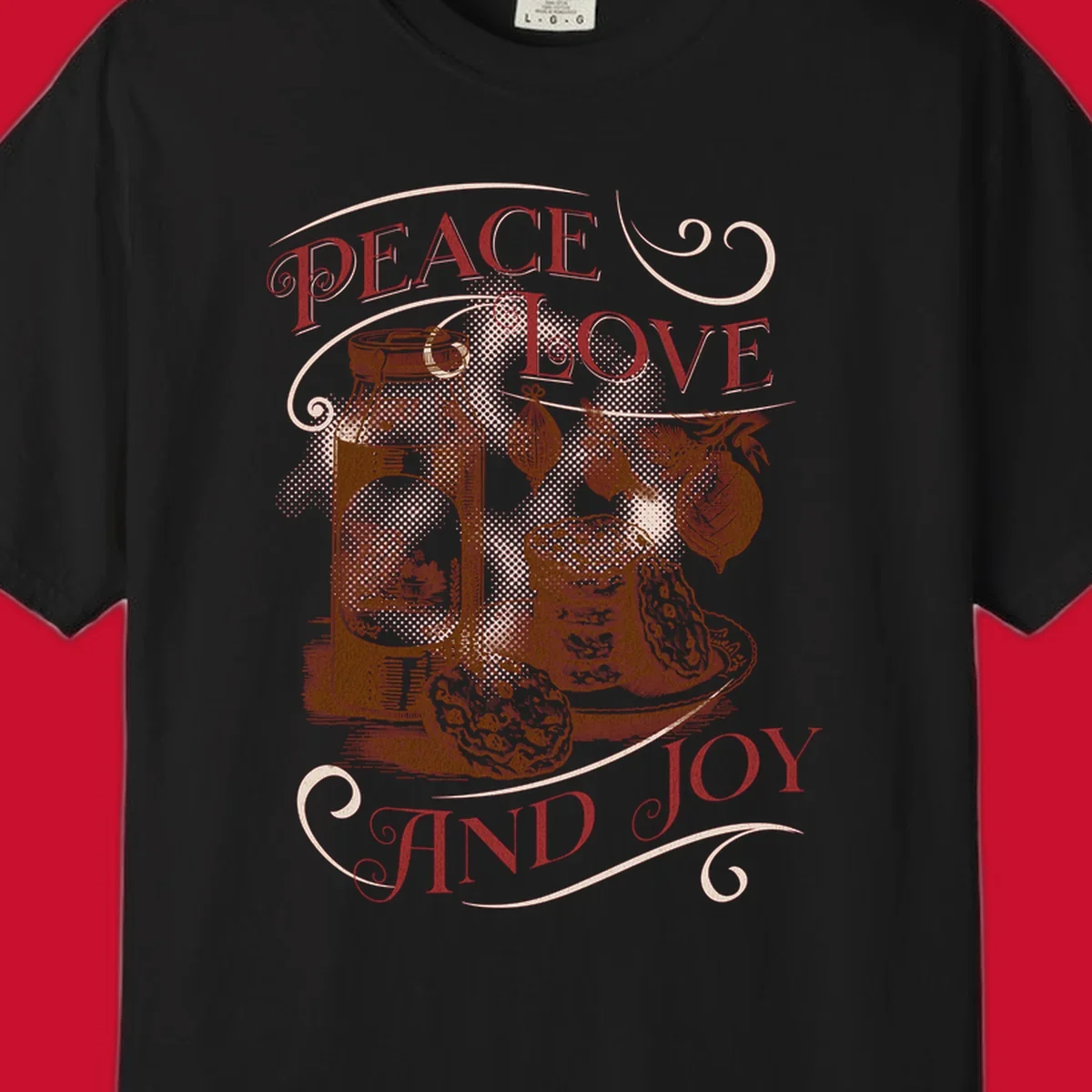 Christmas peace love joy typography illustration with jar, cookies, and ornaments.