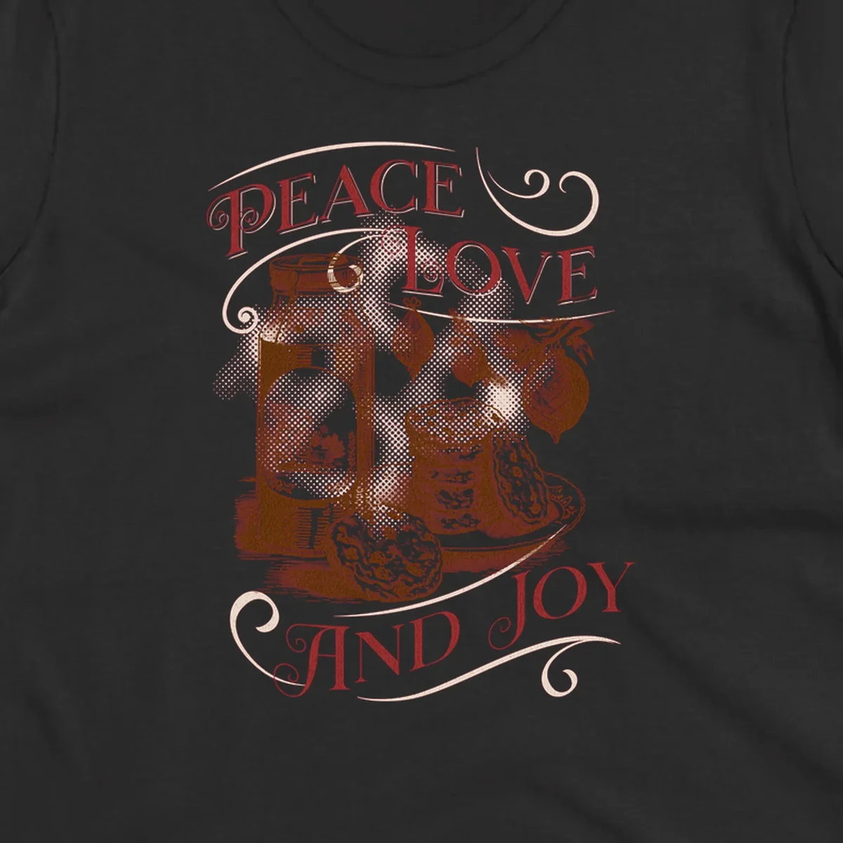 Christmas peace love joy typography illustration with jar, cookies, and ornaments.