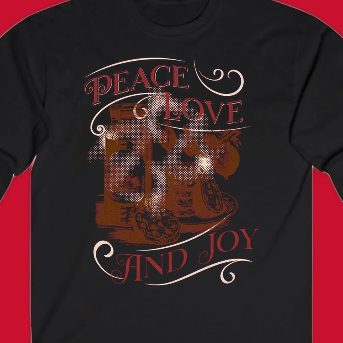Christmas peace love joy typography illustration with jar, cookies, and ornaments.