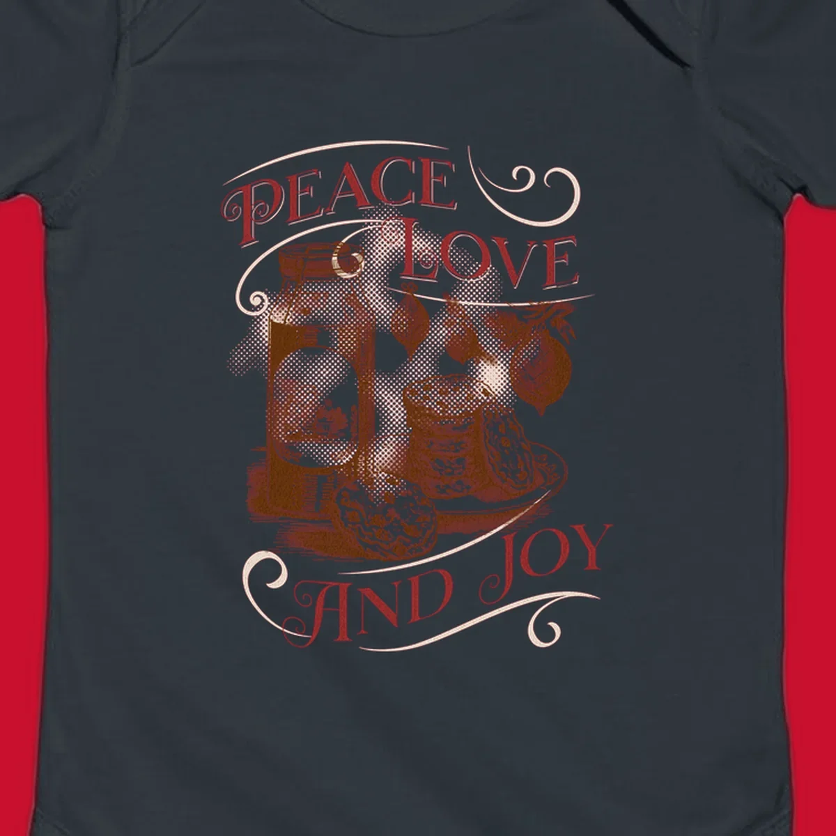 Christmas peace love joy typography illustration with jar, cookies, and ornaments.