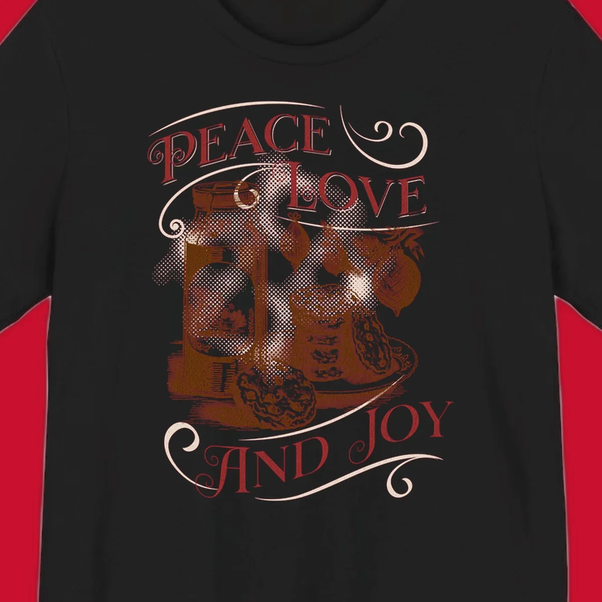 Christmas peace love joy typography illustration with jar, cookies, and ornaments.