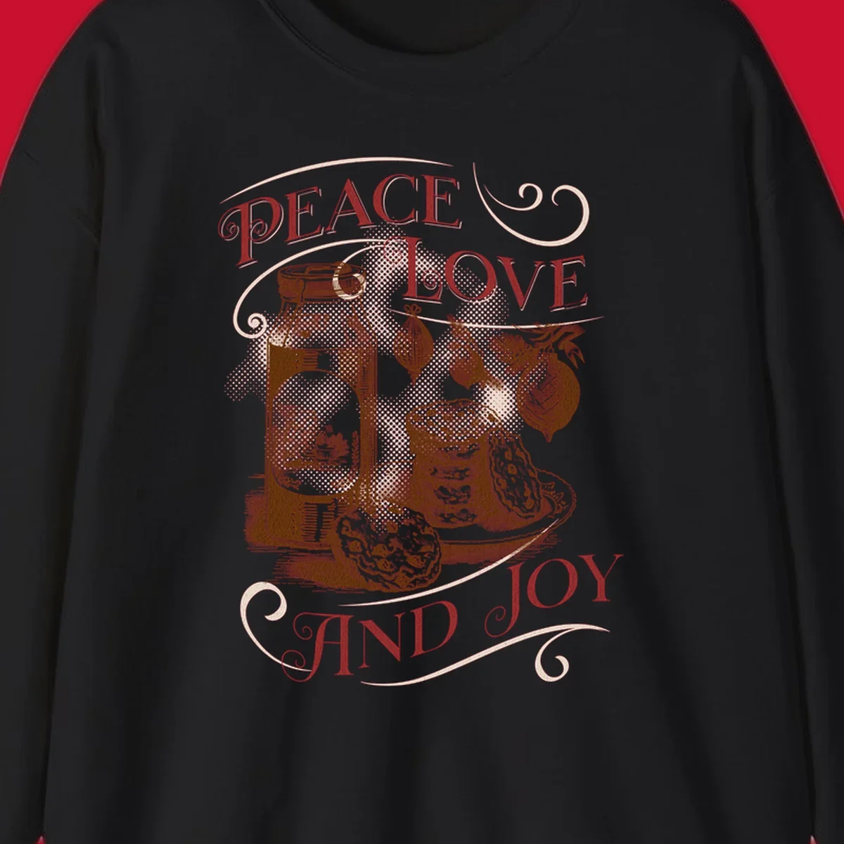 Christmas peace love joy typography illustration with jar, cookies, and ornaments.