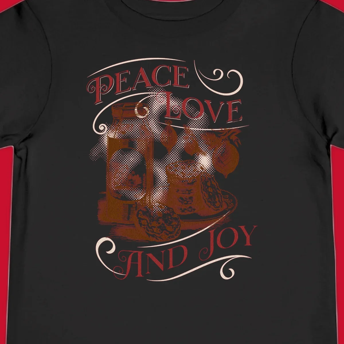 Christmas peace love joy typography illustration with jar, cookies, and ornaments.