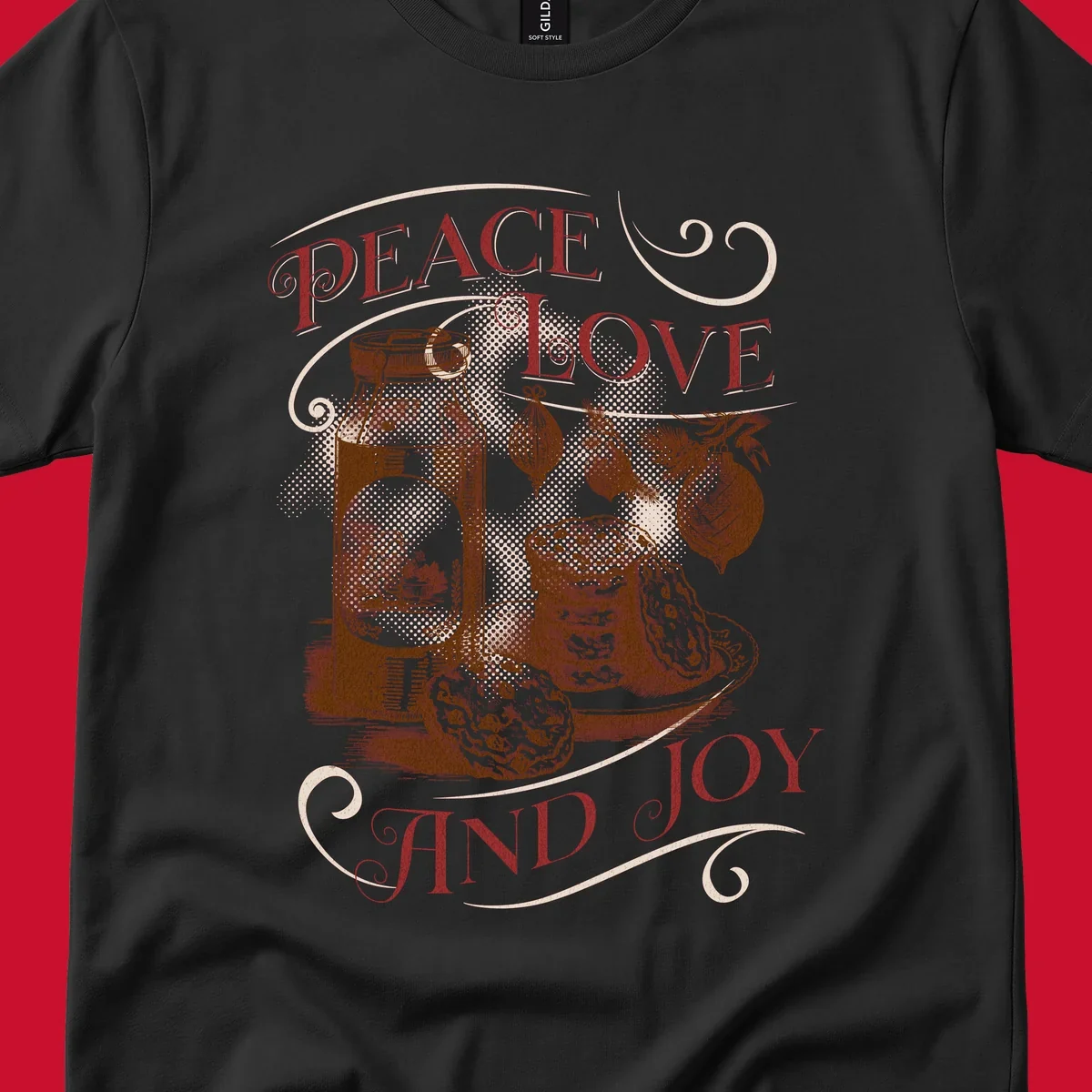 Christmas peace love joy typography illustration with jar, cookies, and ornaments.