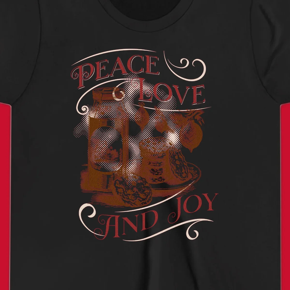 Christmas peace love joy typography illustration with jar, cookies, and ornaments.