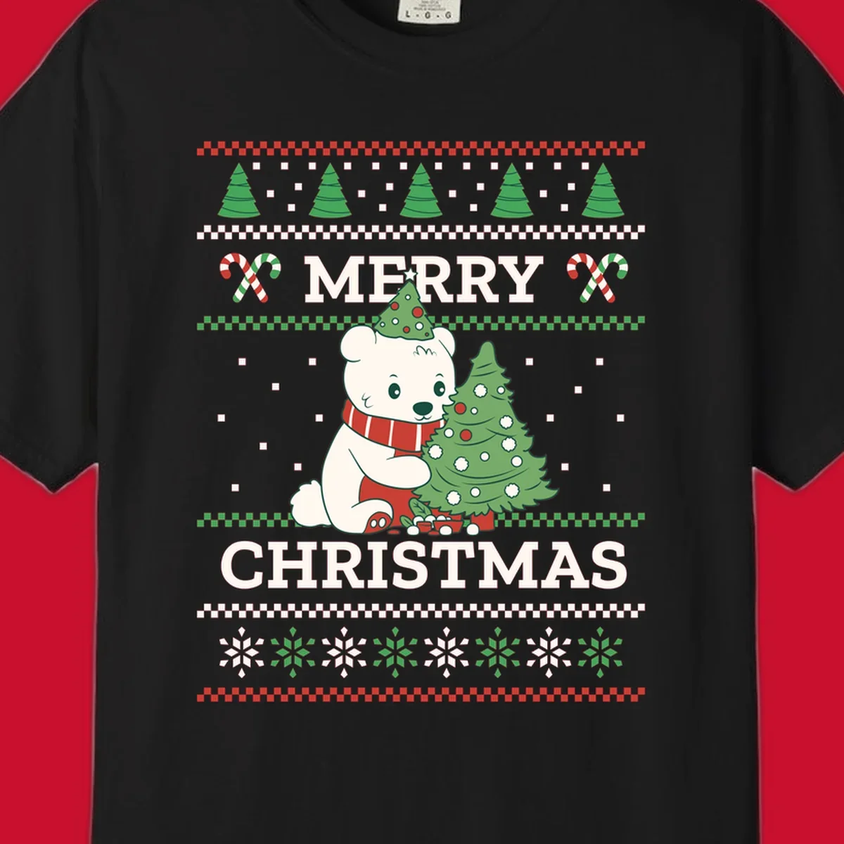 Ugly Christmas polar bear with tree and candy canes. Merry Christmas text.