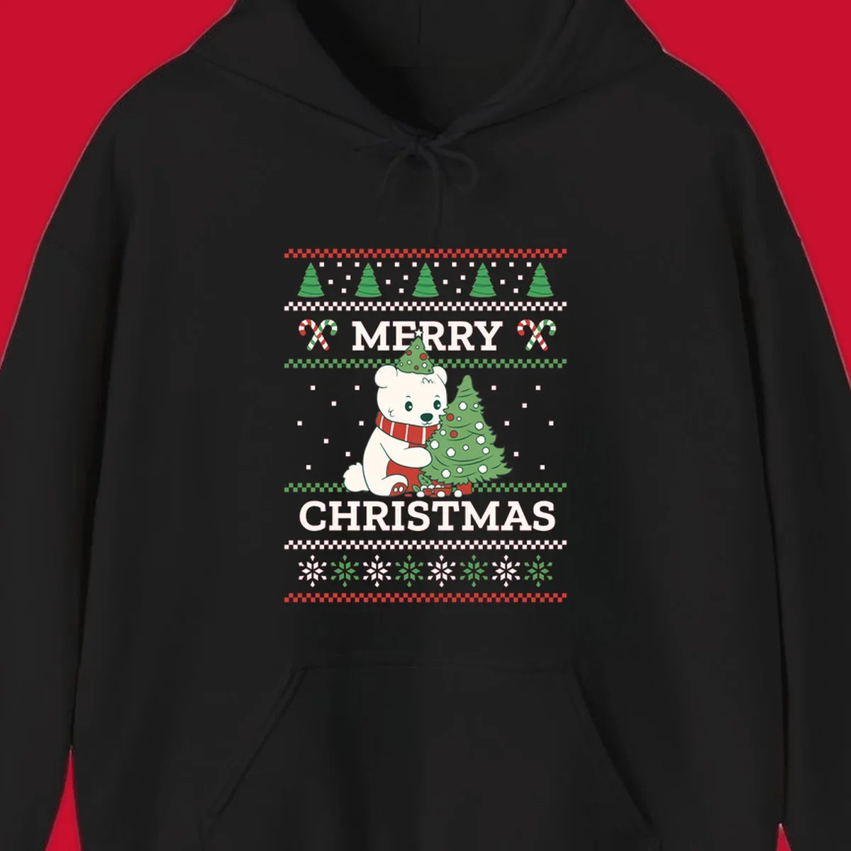 Ugly Christmas polar bear with tree and candy canes. Merry Christmas text.