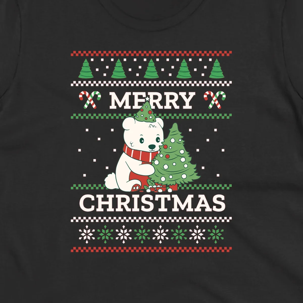 Ugly Christmas polar bear with tree and candy canes. Merry Christmas text.