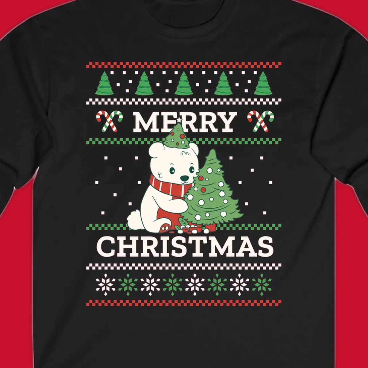 Ugly Christmas polar bear with tree and candy canes. Merry Christmas text.