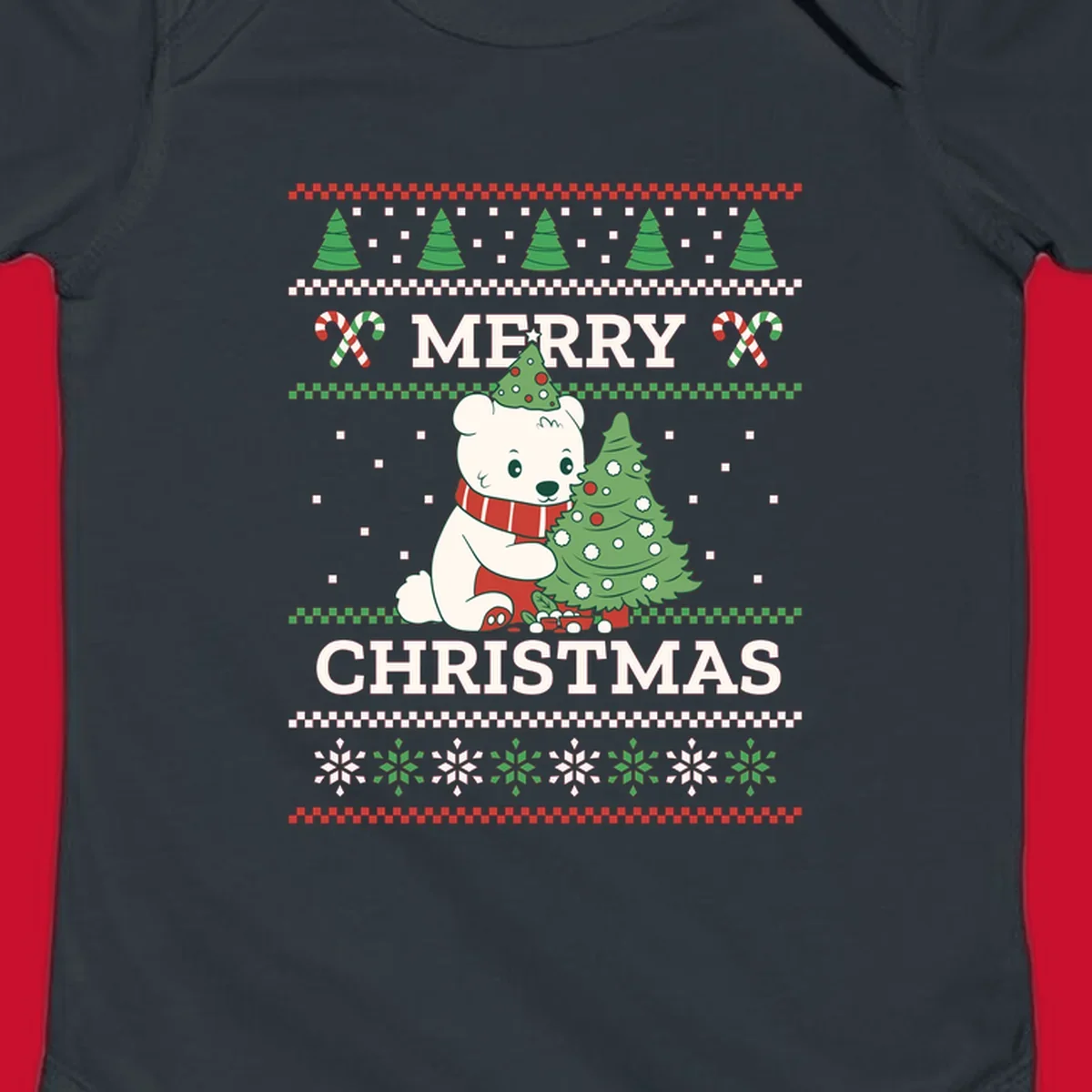 Ugly Christmas polar bear with tree and candy canes. Merry Christmas text.