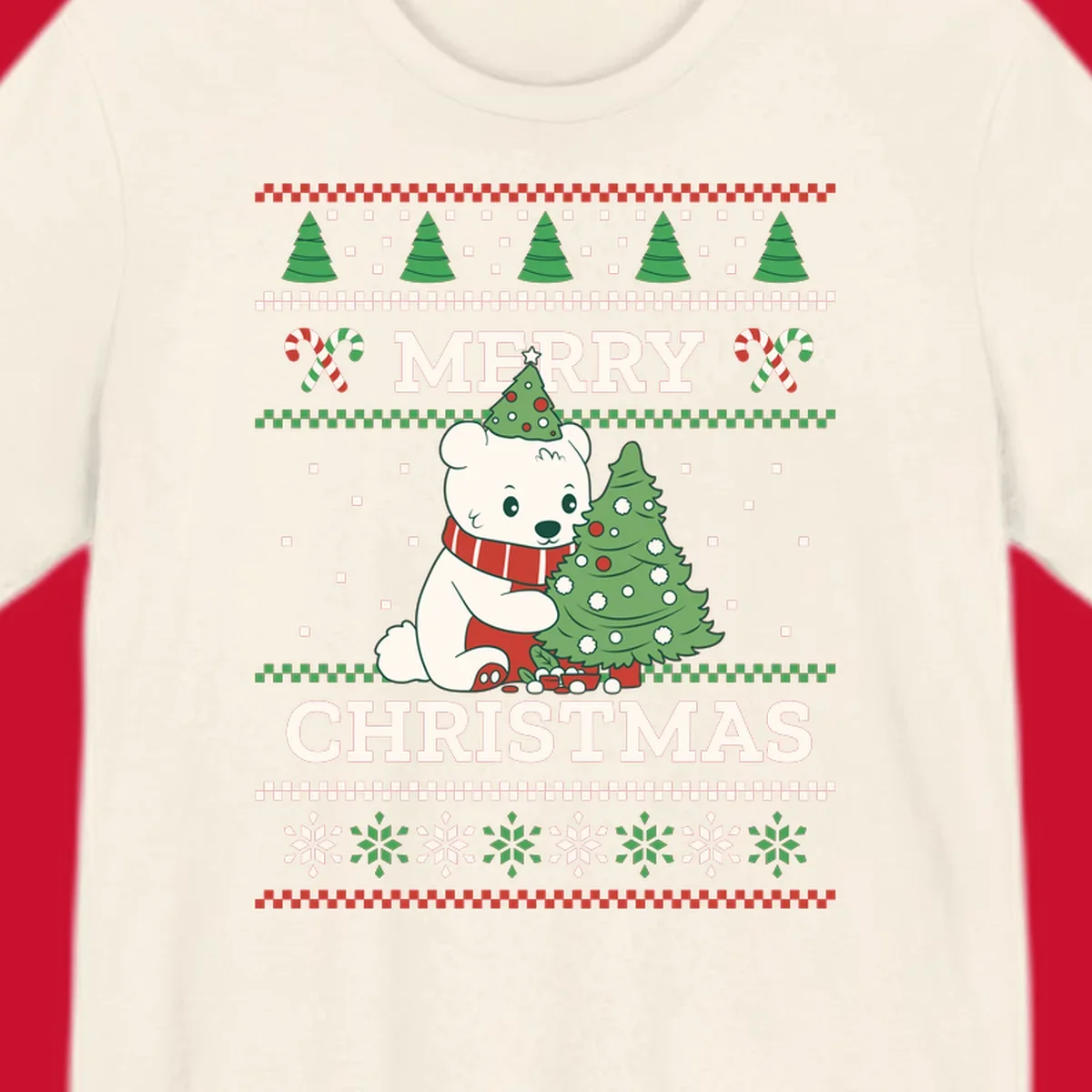 Ugly Christmas polar bear with tree and candy canes. Merry Christmas text.