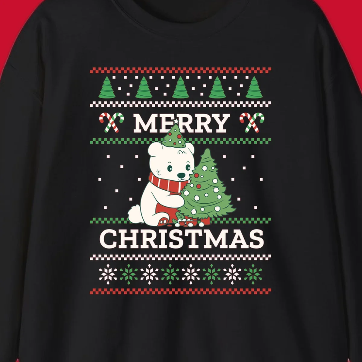 Ugly Christmas polar bear with tree and candy canes. Merry Christmas text.
