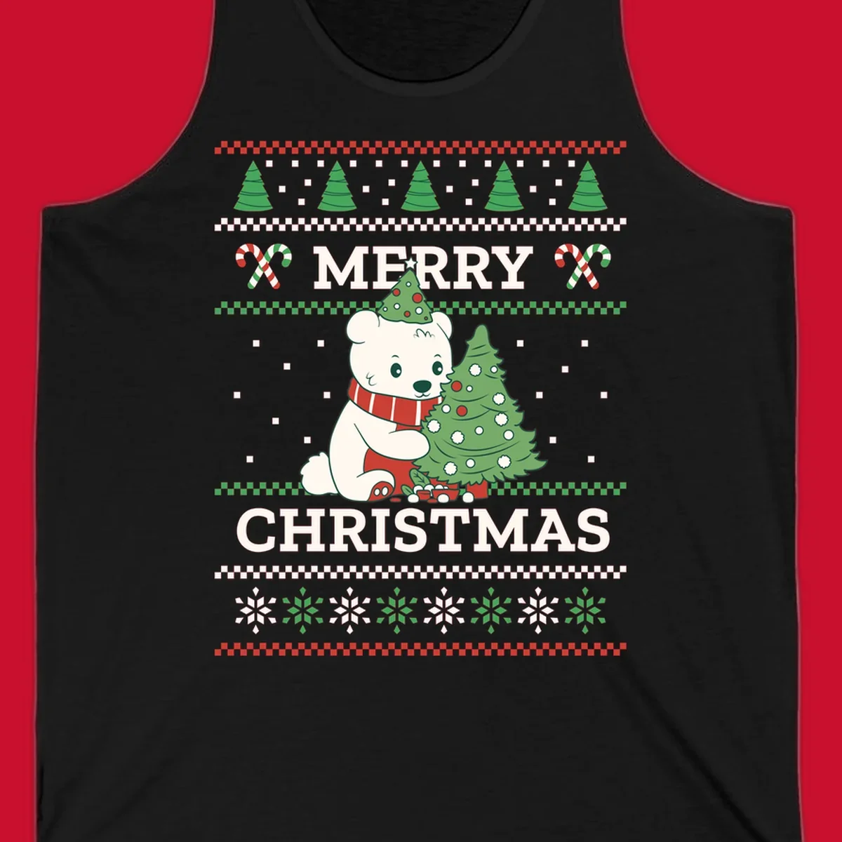 Ugly Christmas polar bear with tree and candy canes. Merry Christmas text.
