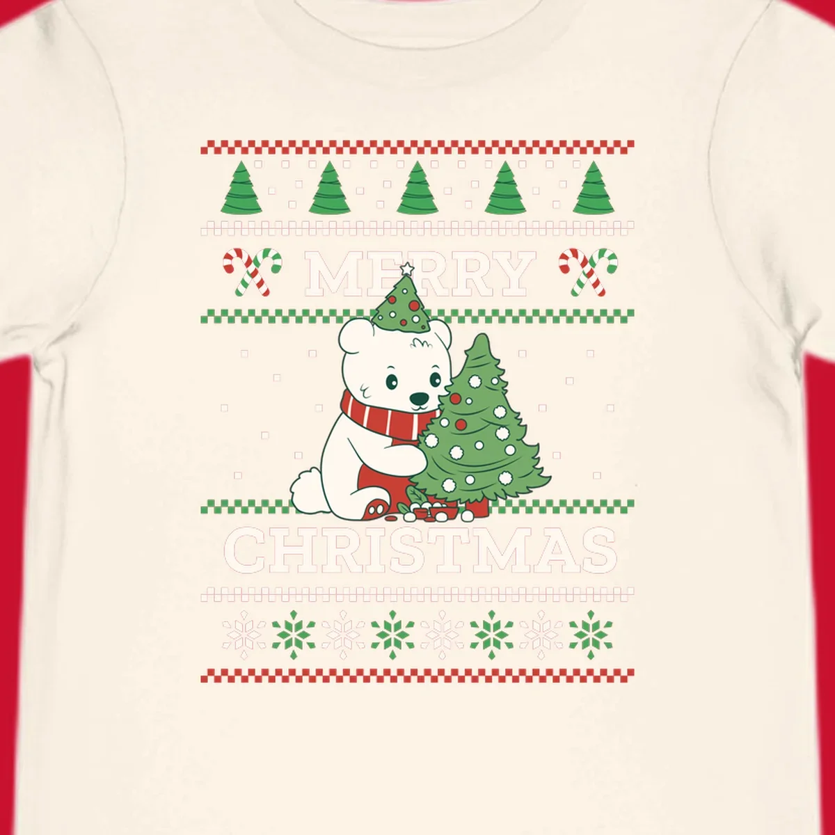 Ugly Christmas polar bear with tree and candy canes. Merry Christmas text.