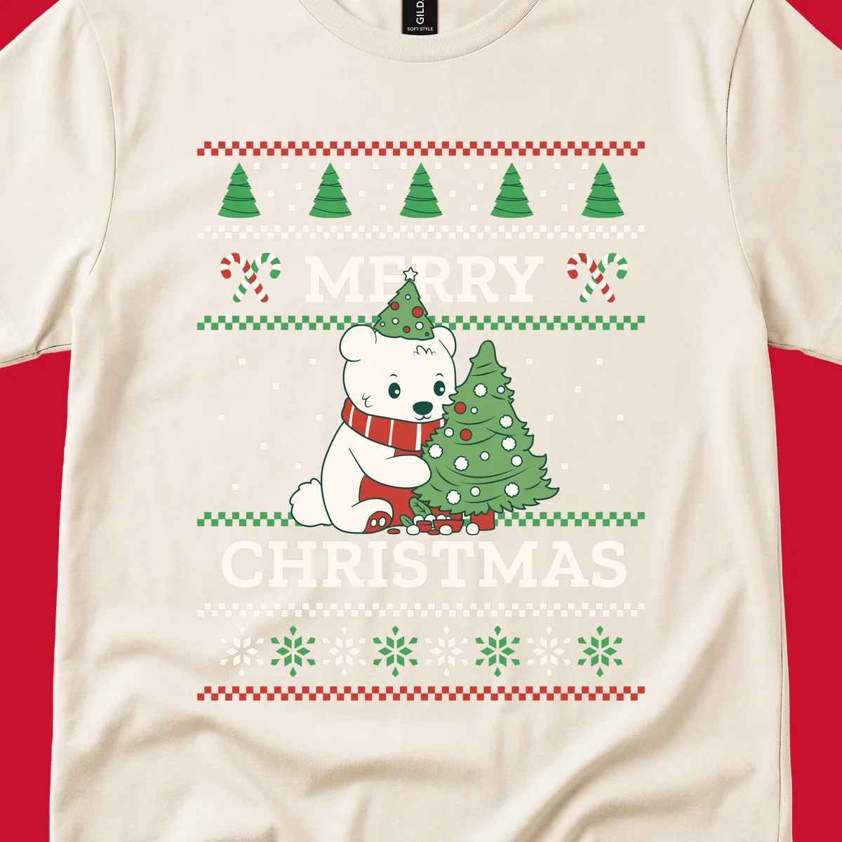 Ugly Christmas polar bear with tree and candy canes. Merry Christmas text.