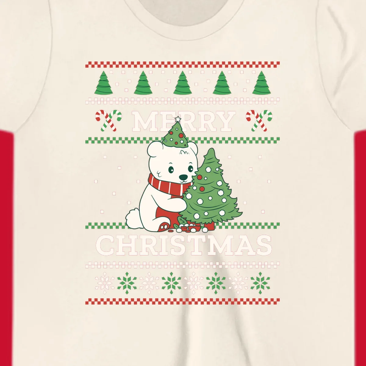 Ugly Christmas polar bear with tree and candy canes. Merry Christmas text.