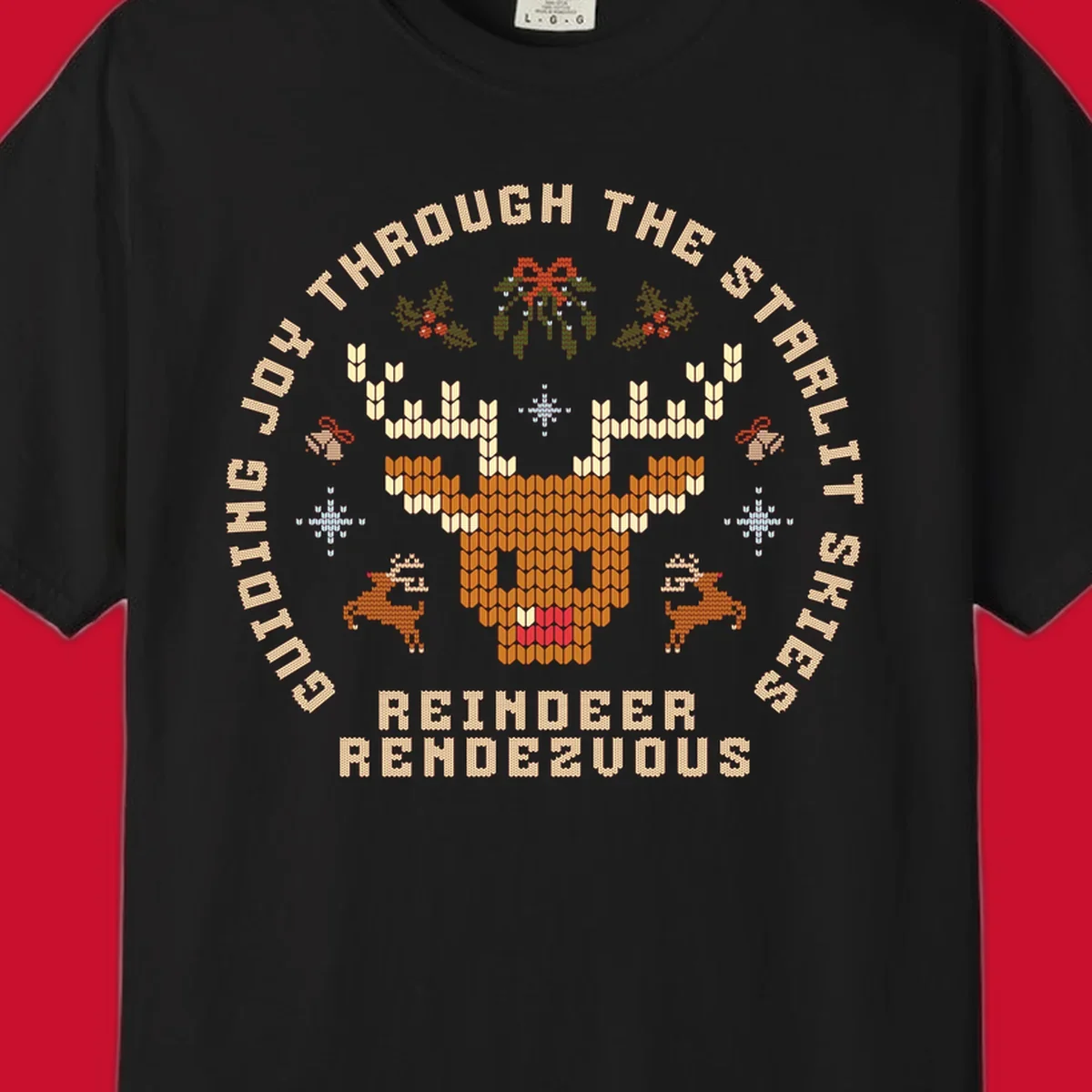 Ugly Christmas reindeer rendezvous graphic with text, featuring a pixelated reindeer head.