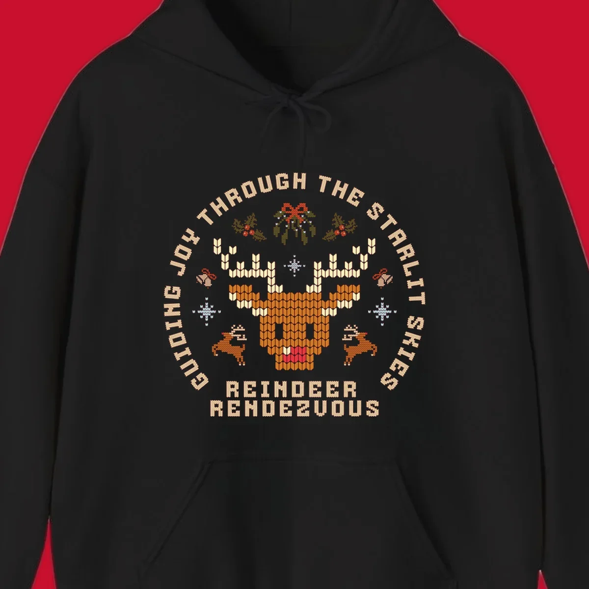 Ugly Christmas reindeer rendezvous graphic with text, featuring a pixelated reindeer head.