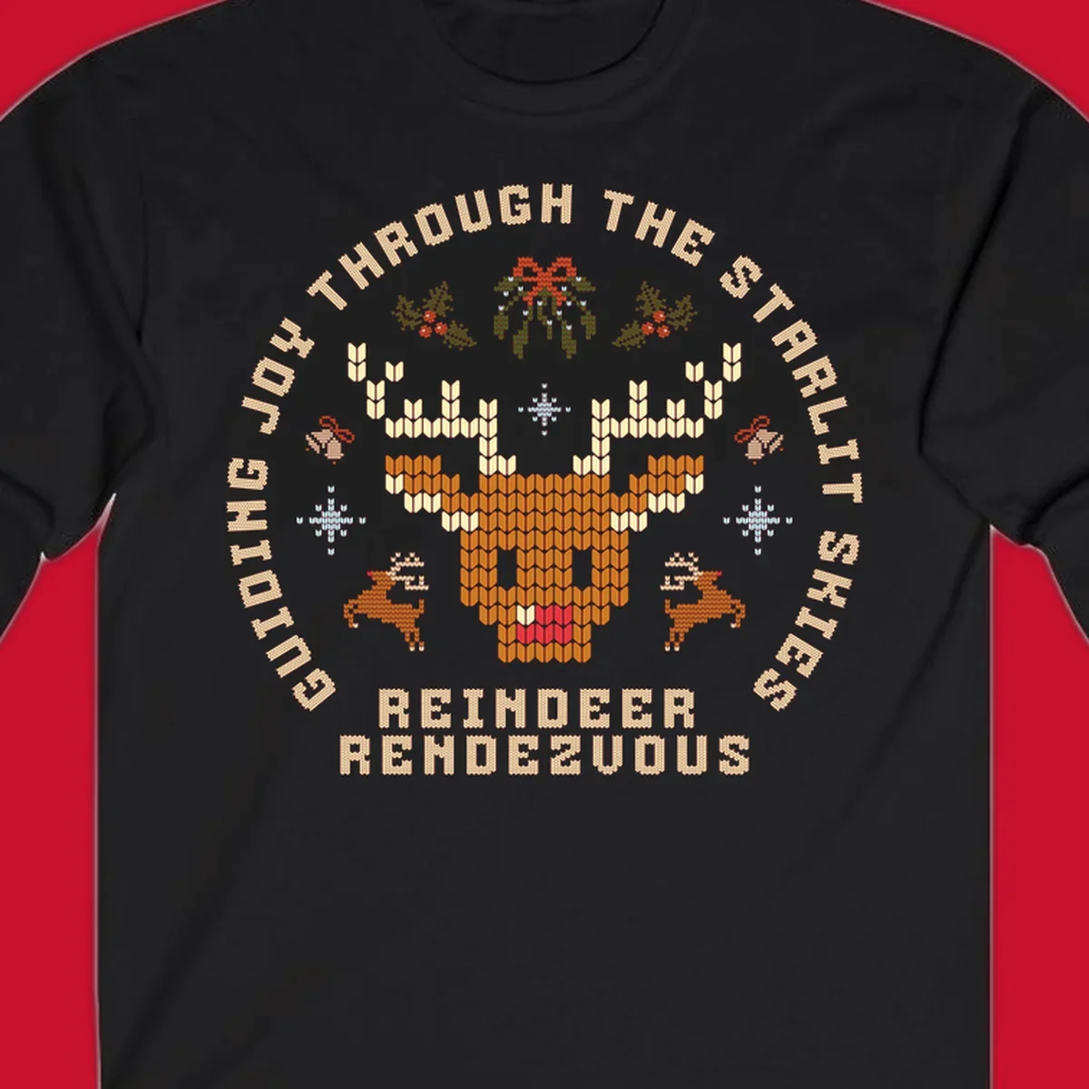Ugly Christmas reindeer rendezvous graphic with text, featuring a pixelated reindeer head.
