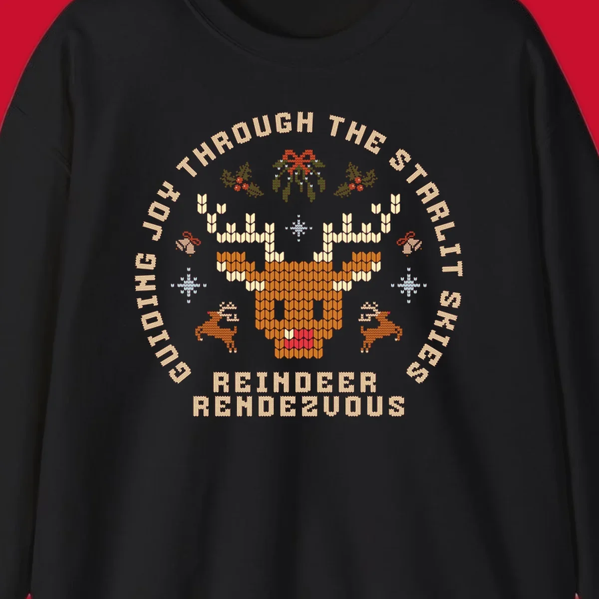 Ugly Christmas reindeer rendezvous graphic with text, featuring a pixelated reindeer head.