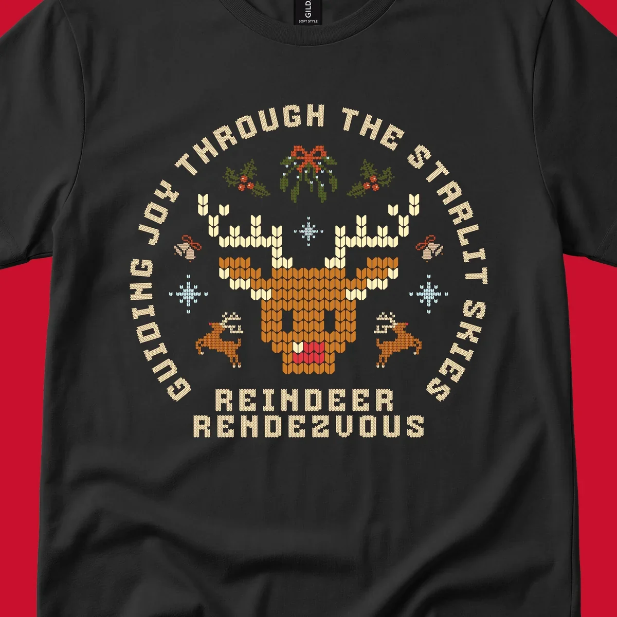 Ugly Christmas reindeer rendezvous graphic with text, featuring a pixelated reindeer head.
