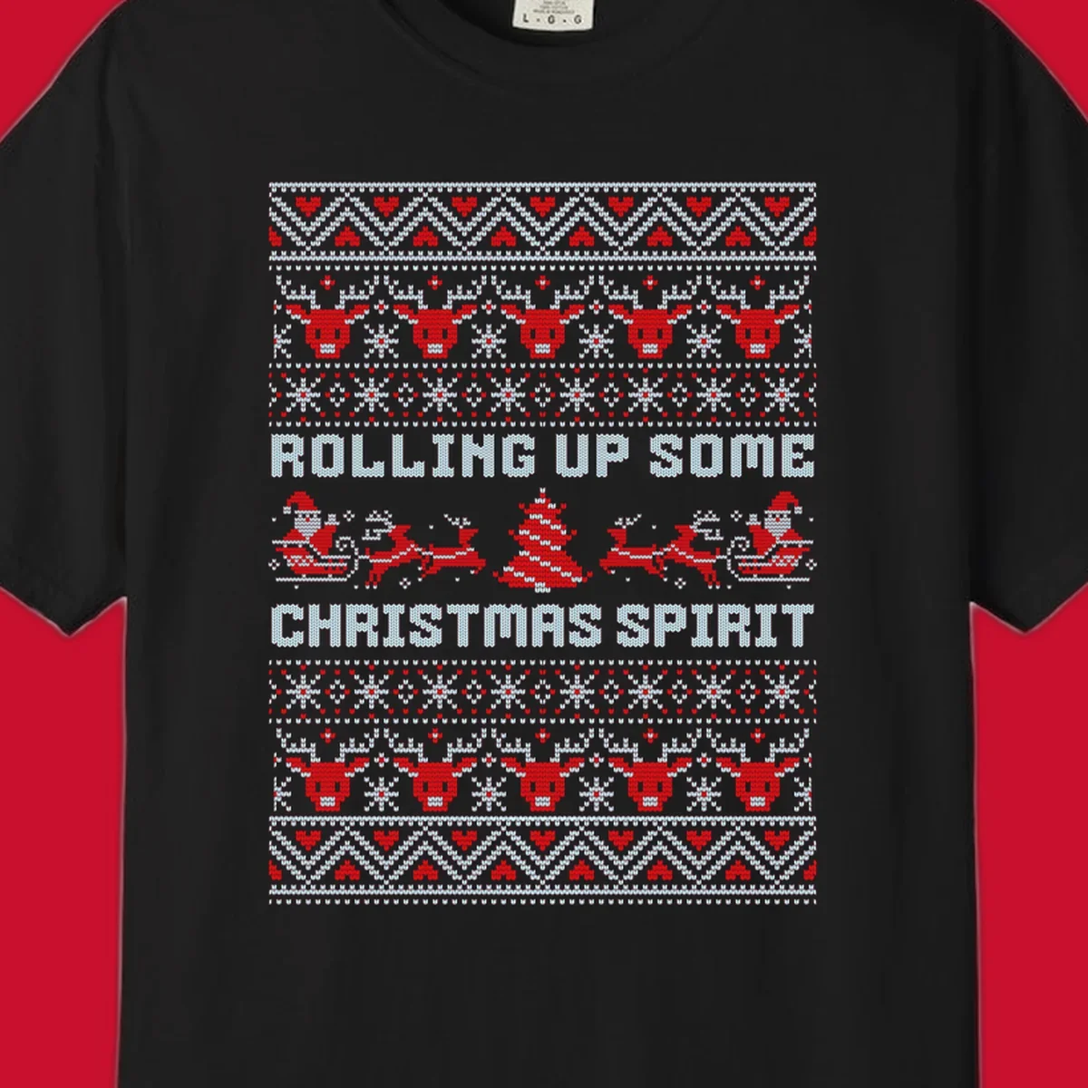 Rolling up some Christmas spirit text with Santa, reindeer, and trees.