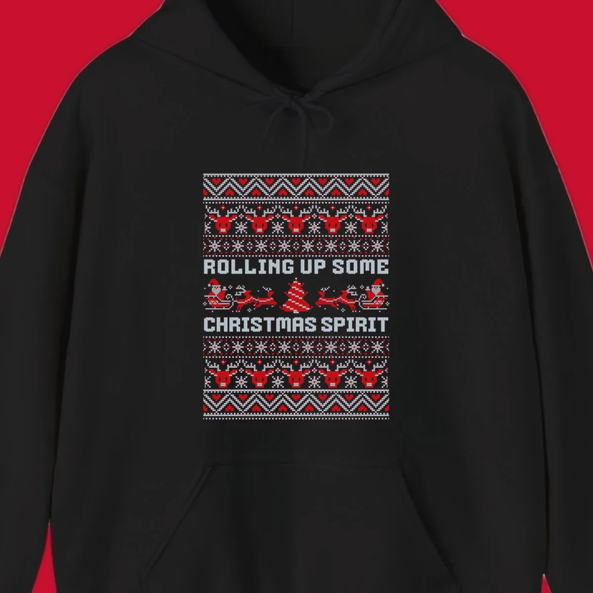 Rolling up some Christmas spirit text with Santa, reindeer, and trees.