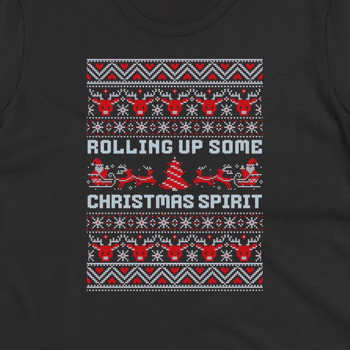 Rolling up some Christmas spirit text with Santa, reindeer, and trees.