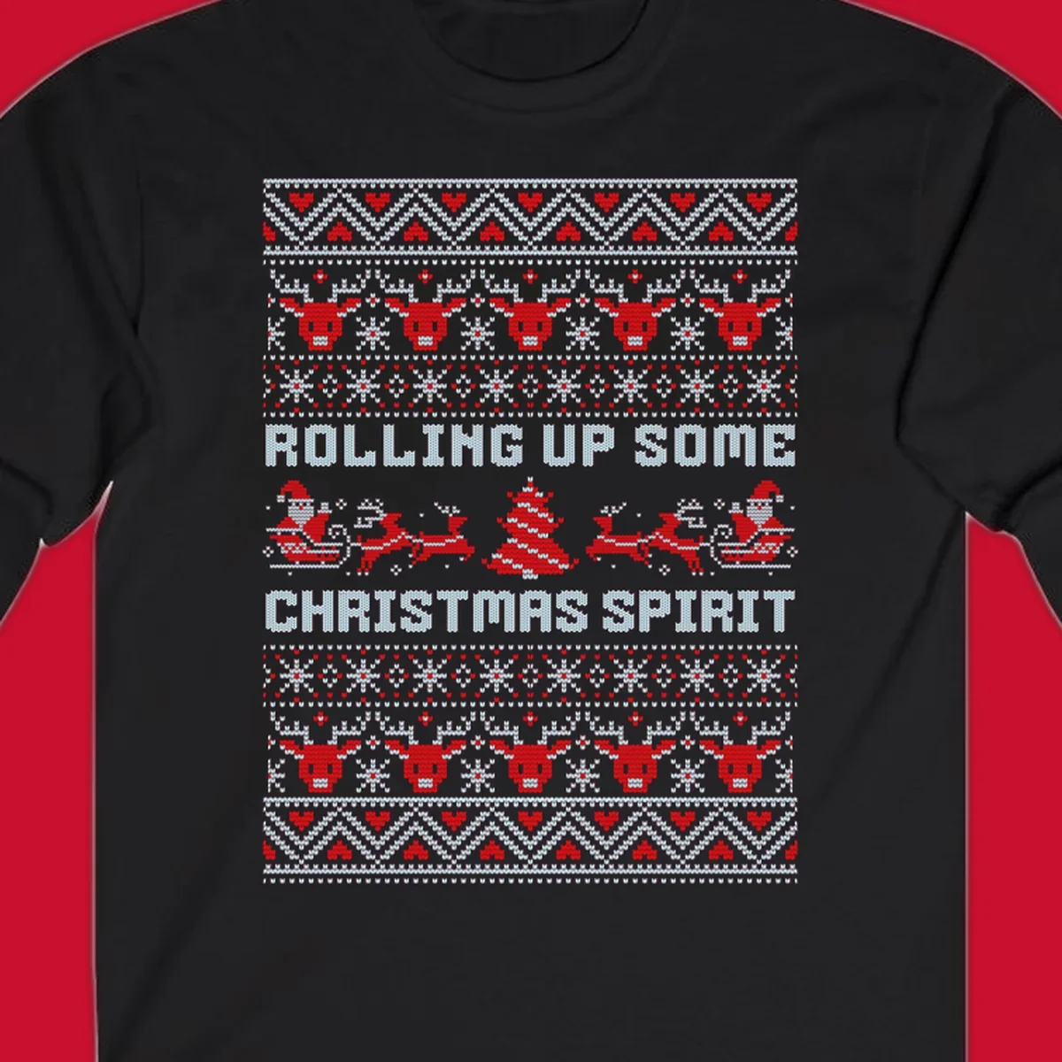 Rolling up some Christmas spirit text with Santa, reindeer, and trees.