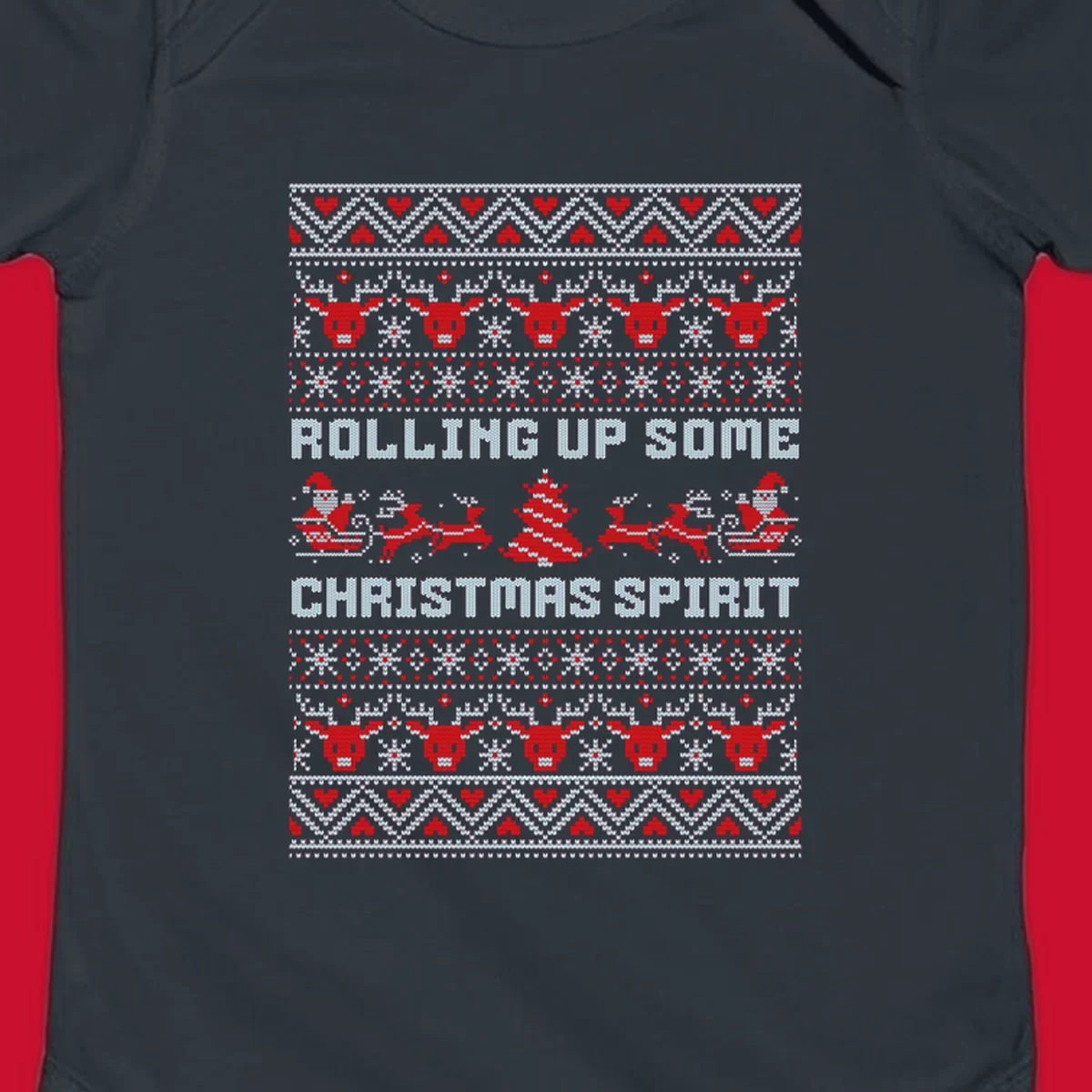 Rolling up some Christmas spirit text with Santa, reindeer, and trees.