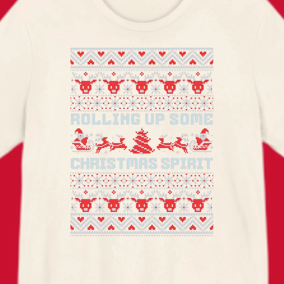 Rolling up some Christmas spirit text with Santa, reindeer, and trees.