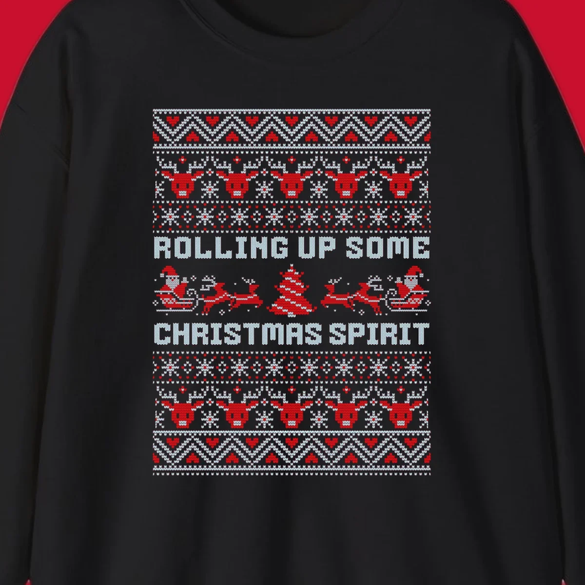 Rolling up some Christmas spirit text with Santa, reindeer, and trees.