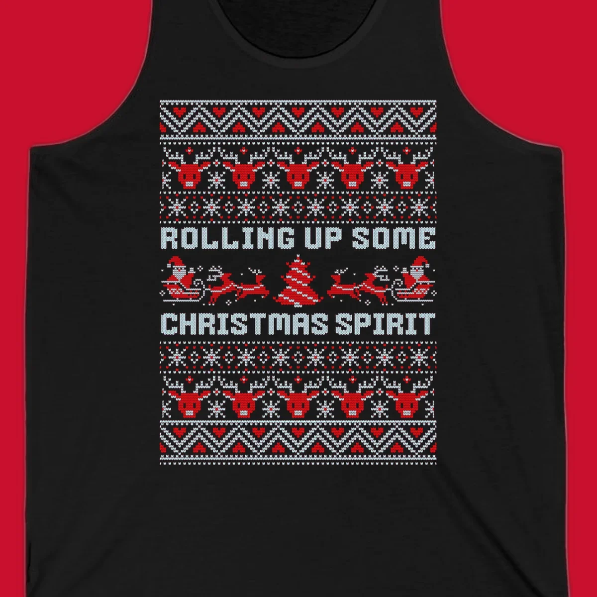 Rolling up some Christmas spirit text with Santa, reindeer, and trees.