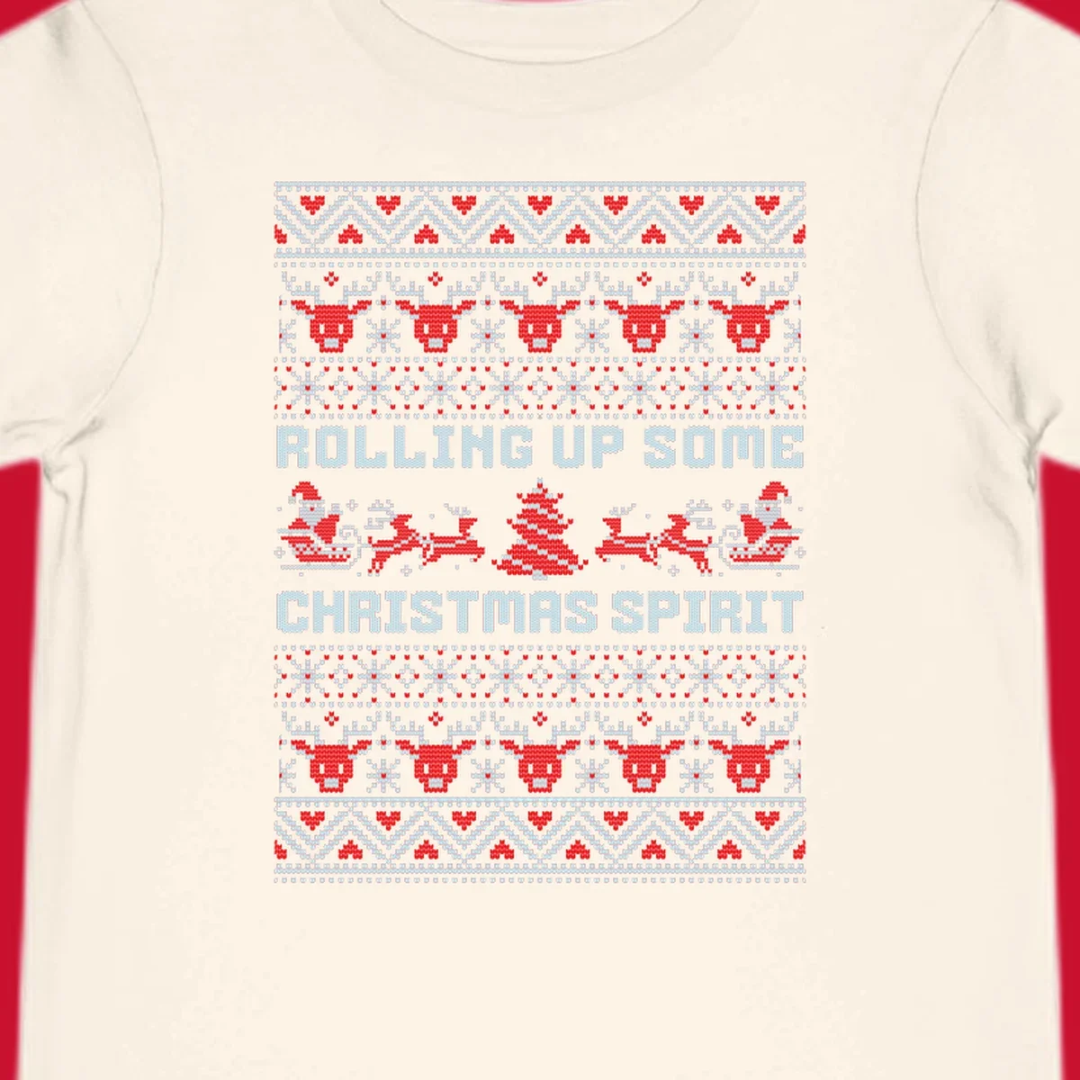 Rolling up some Christmas spirit text with Santa, reindeer, and trees.