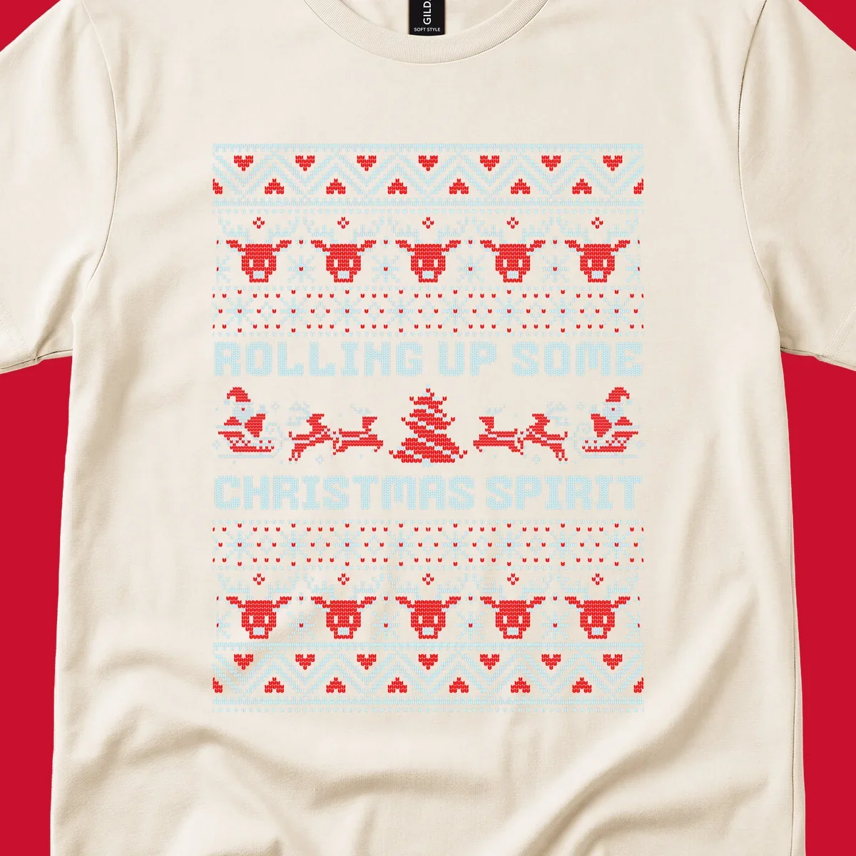 Rolling up some Christmas spirit text with Santa, reindeer, and trees.