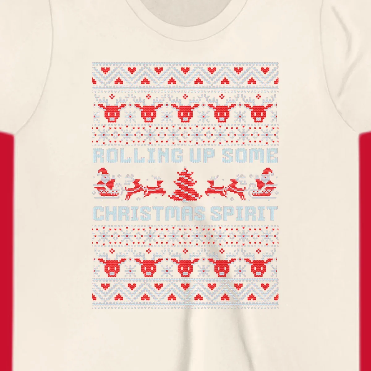 Rolling up some Christmas spirit text with Santa, reindeer, and trees.