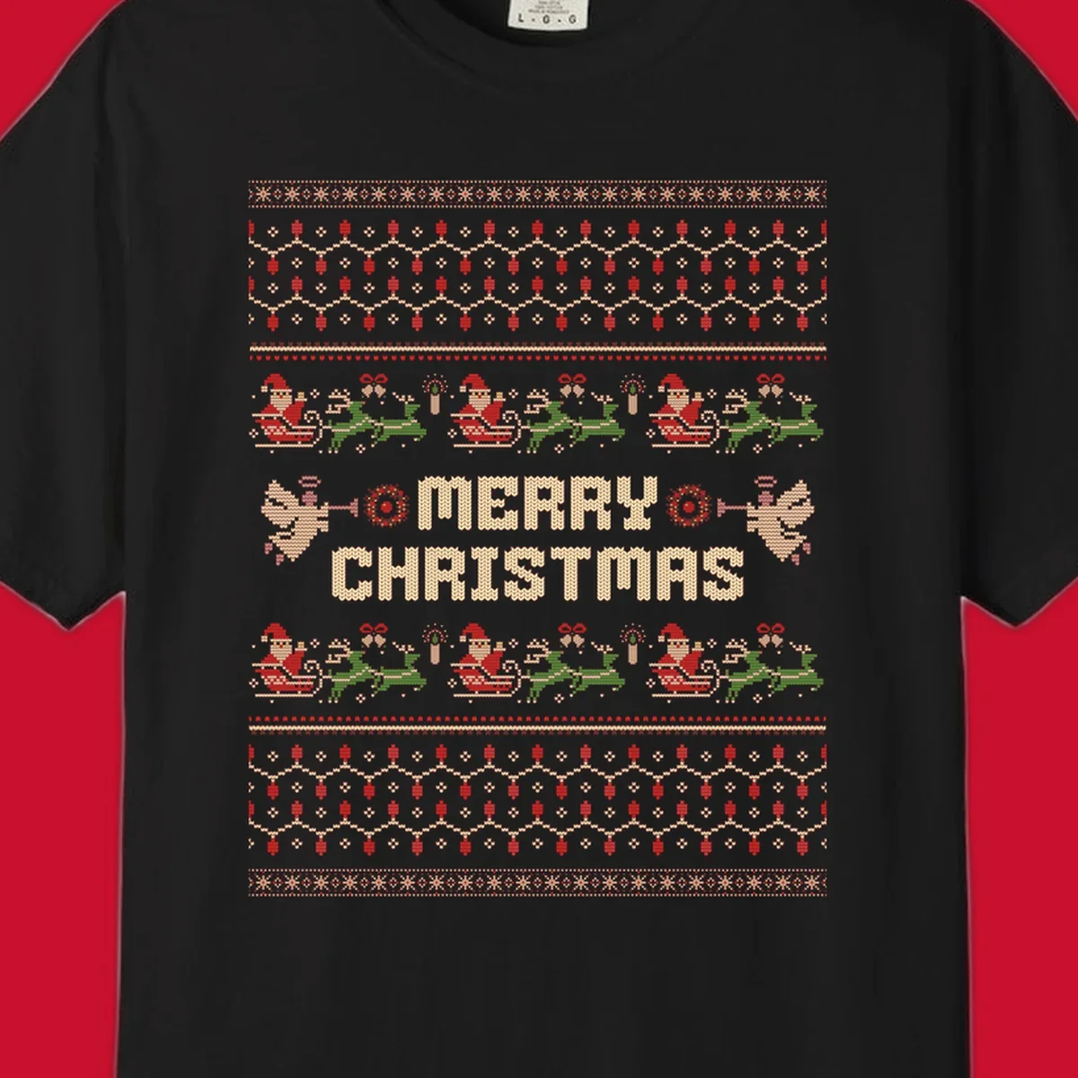 Ugly Christmas Santa Reindeer Angels Merry Christmas all-over print design.