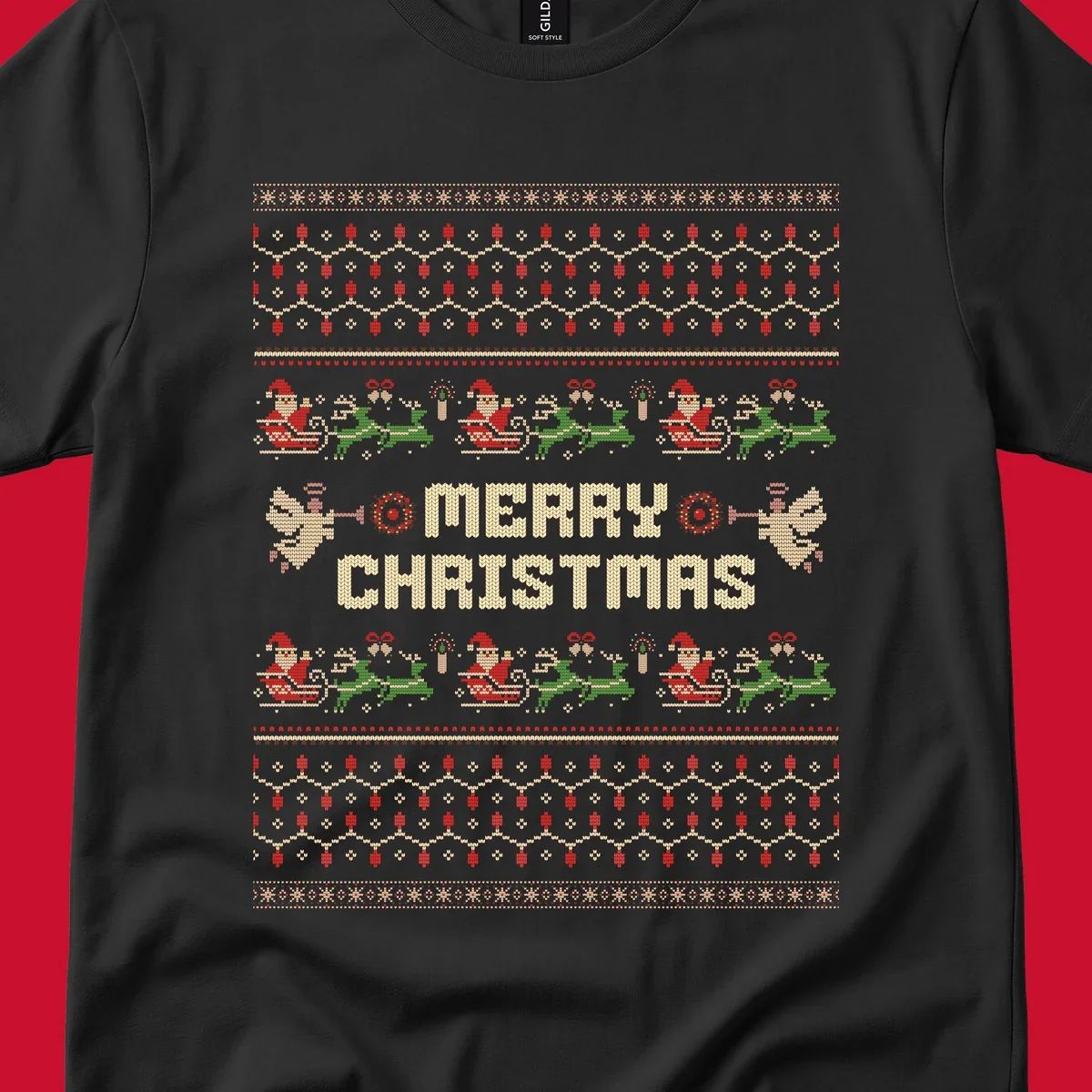 Ugly Christmas Santa Reindeer Angels Merry Christmas all-over print design.