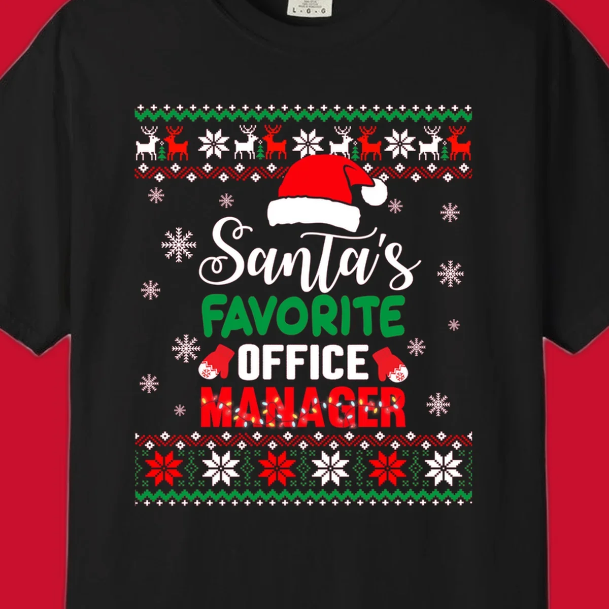 Santa's Favorite Office Manager text with Santa hat and Christmas elements.