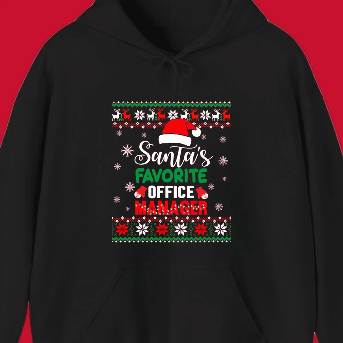 Santa's Favorite Office Manager text with Santa hat and Christmas elements.
