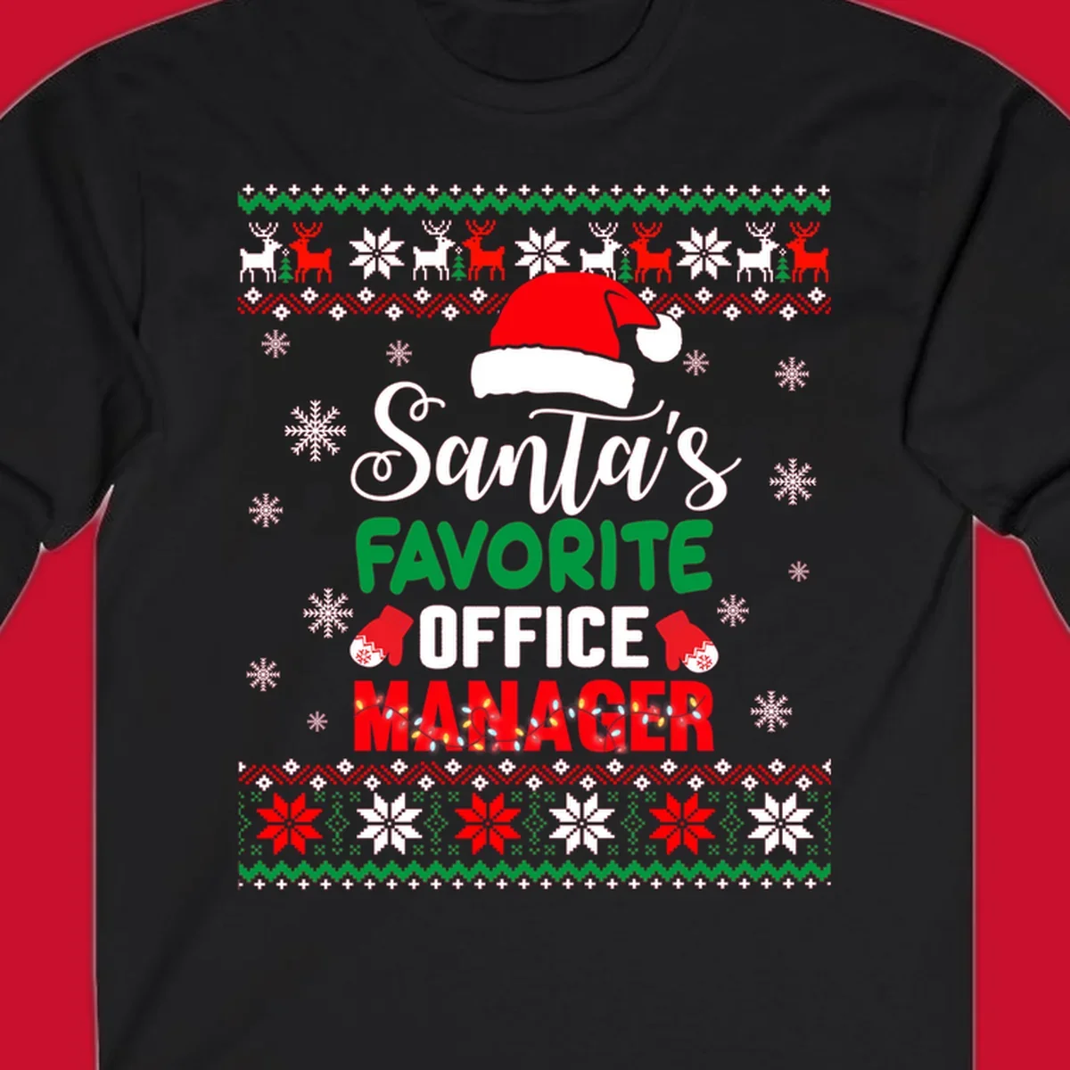 Santa's Favorite Office Manager text with Santa hat and Christmas elements.