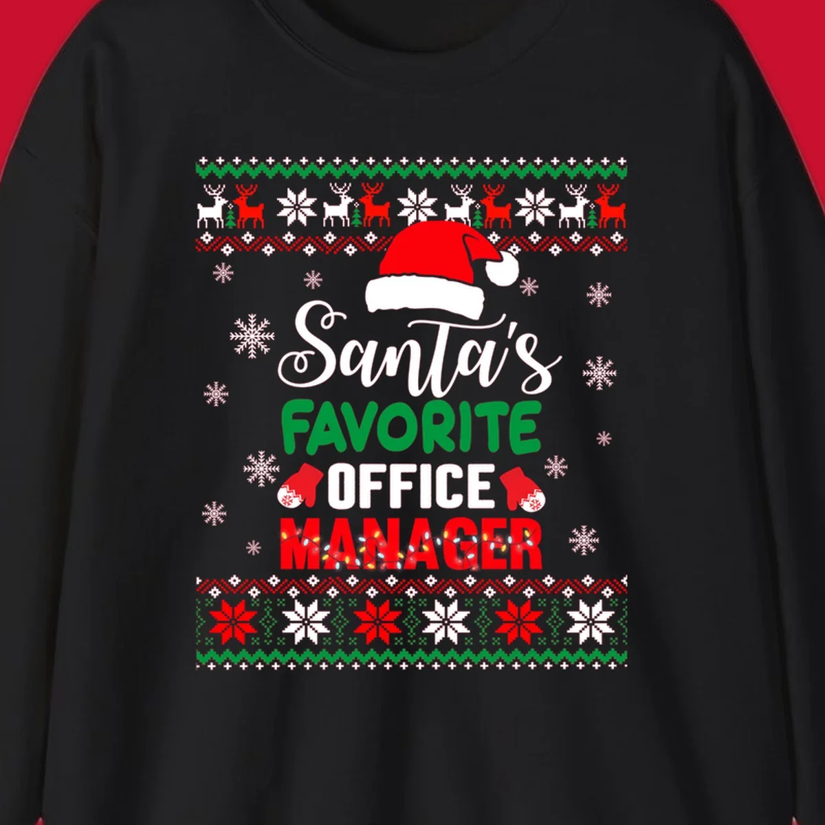 Santa's Favorite Office Manager text with Santa hat and Christmas elements.